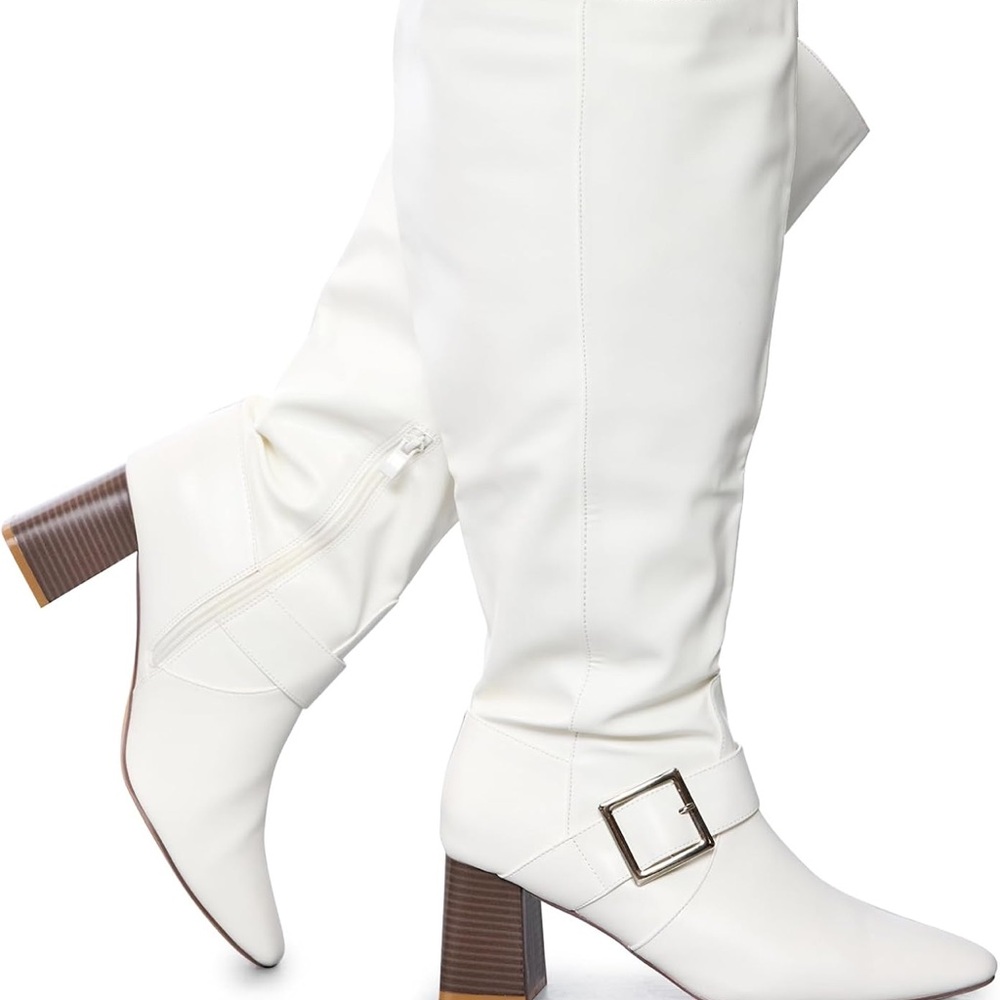 Room Of Fashion White Knee-High Block Heel Boots with Buckle